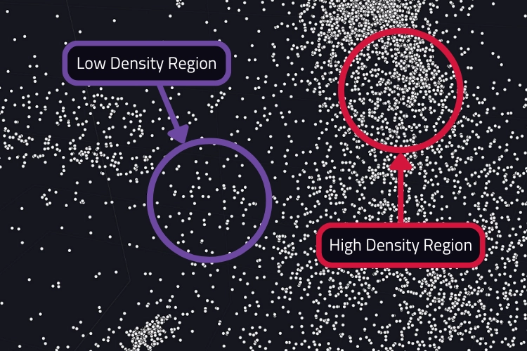 The image shows a zoomed in section of the Steam Map. An example of a low density and a high density region is highlighted using coloured circles.