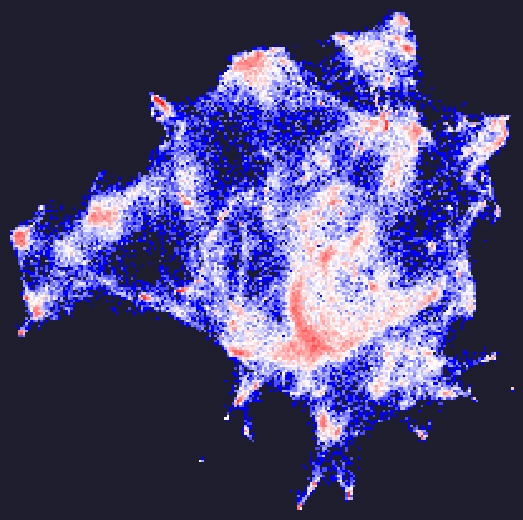 The image shows a cross-section of the Steam Map with regions coloured according to their density. High density regions are red and low density regions are blue.