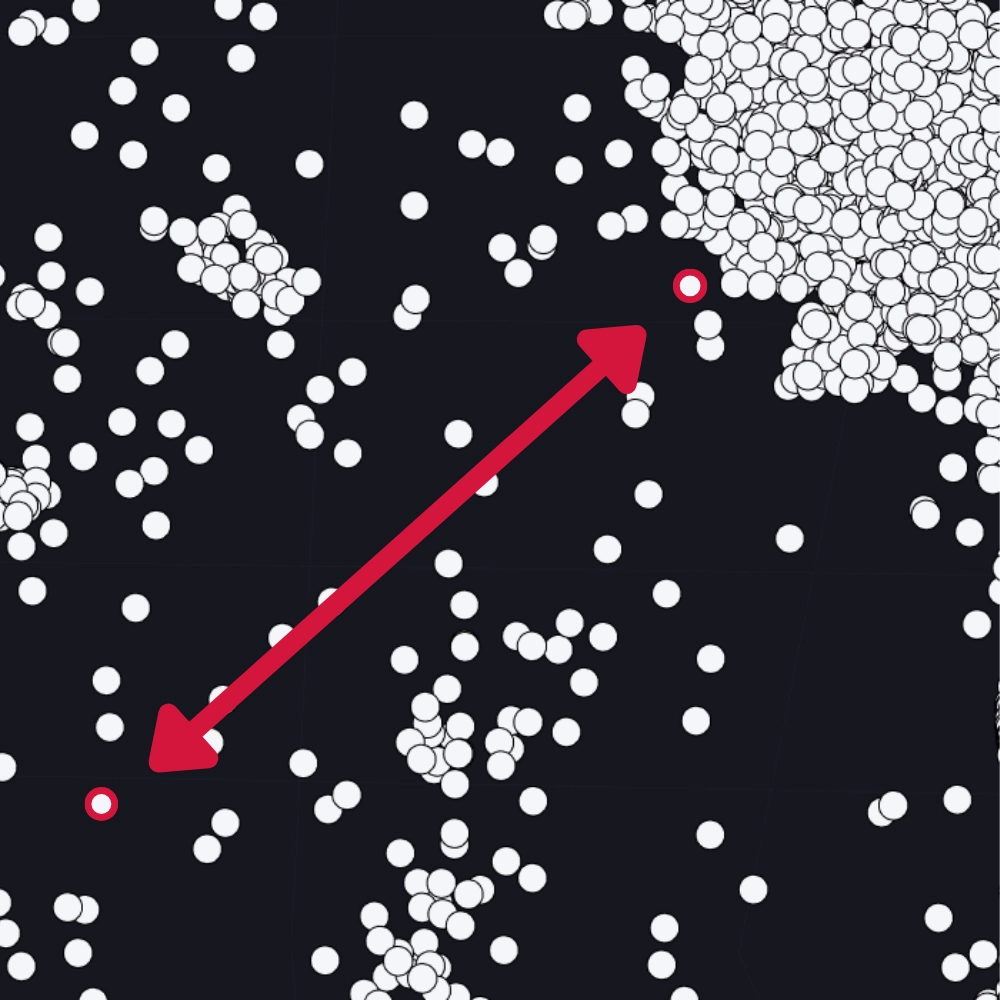 Two points in the Steam map highlighted in red with a double-headed arrow measuring the distance between the points.