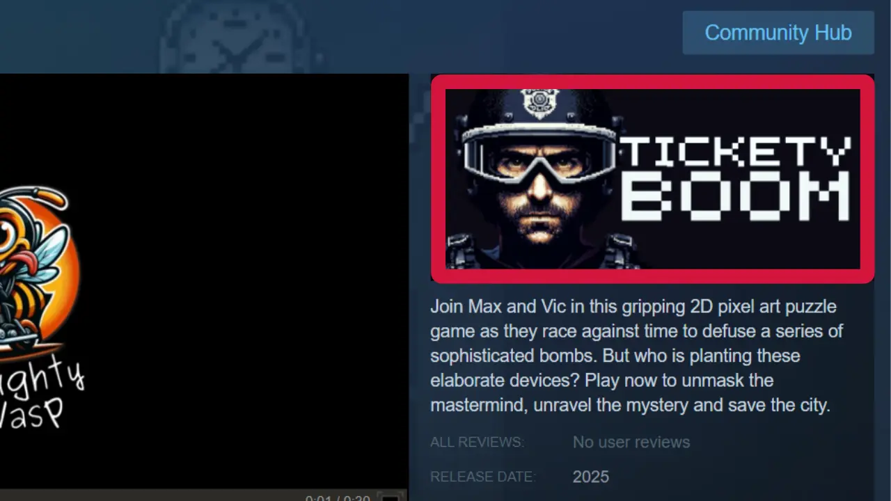 A zoomed in screenshot of the Steam store page for a game called Tickety Boom. The header capsule is highlighted