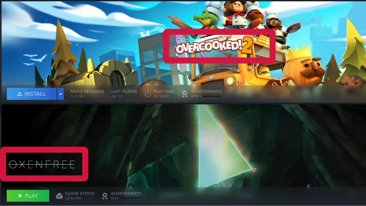 A screenshot the library view of Overcooked 2 and Oxenfree. The name of the games are highlighted with a red box around them to show the placement of the library logo.