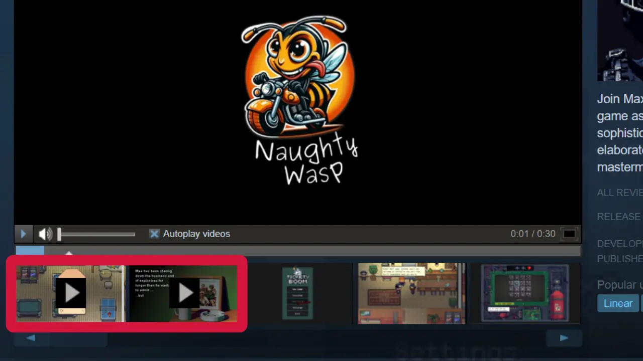 A screenshot the Steam store page for a game called Tickety Boom. The placement of the trailer thumnails is highlighted with a red box underneath the section where a video plays.